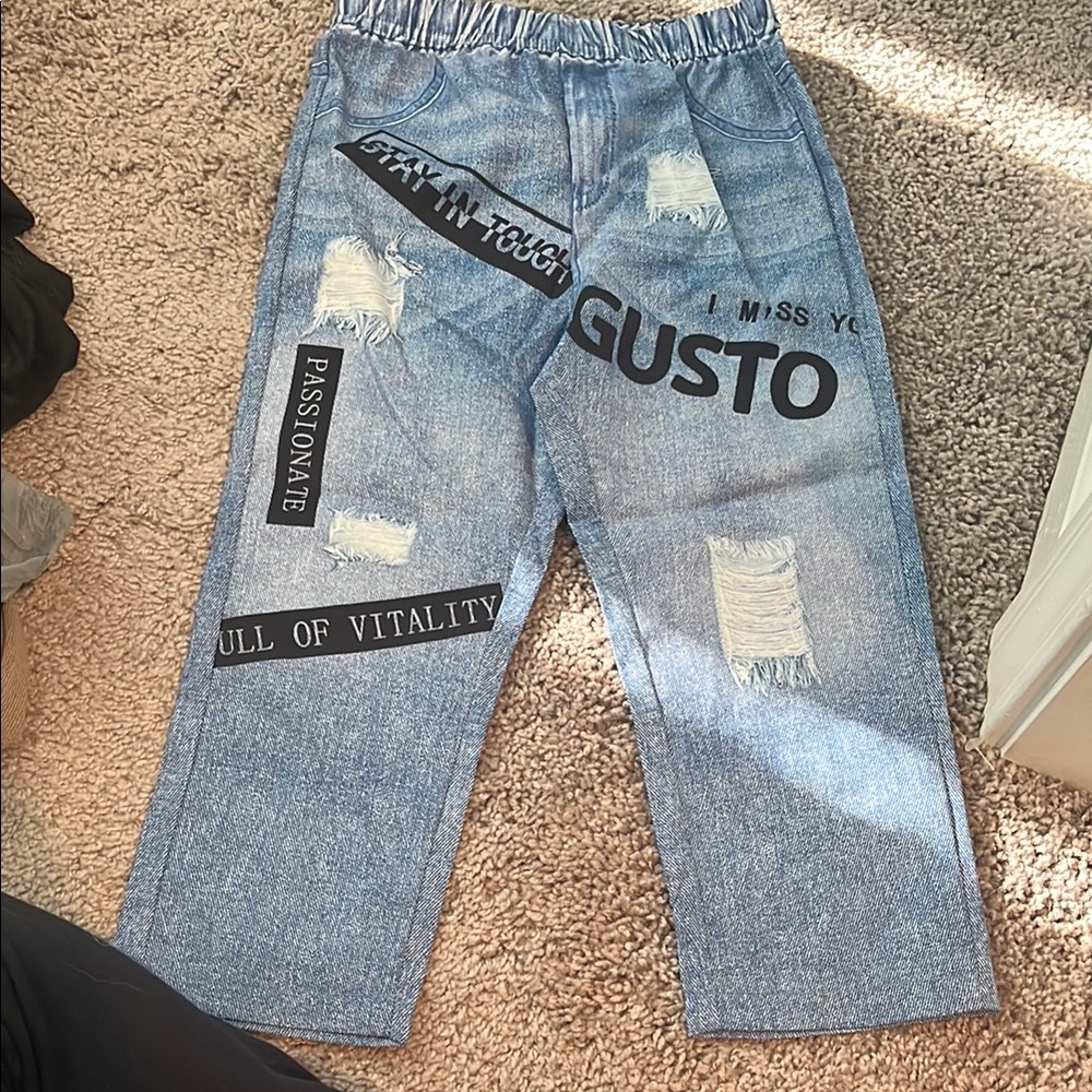 Stylish Blue Jeans with Graphic Patches nylon jeans